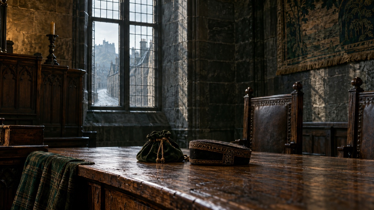 Illustration contemporaine : Table de justice vide avec une bourse fermée et des sièges de jurés dans une salle écossaise du XVIe siècle.