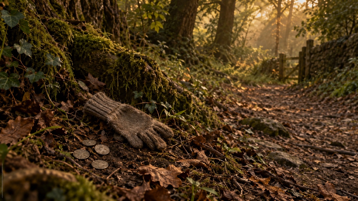 Illustration contemporaine : Gant de laine et pièces usées près d’un sentier boisé, évocation du motif des neuf shillings.