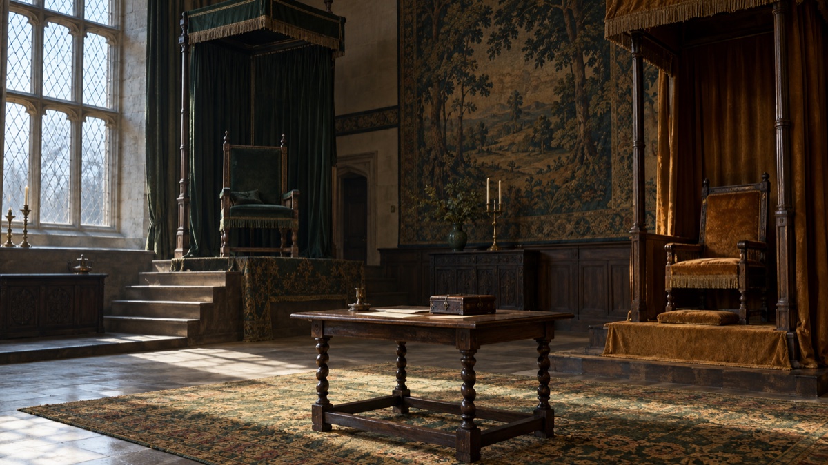 Illustration contemporaine : Deux sièges séparés et des feuilles vierges dans une salle de château anglaise du XVIe siècle.