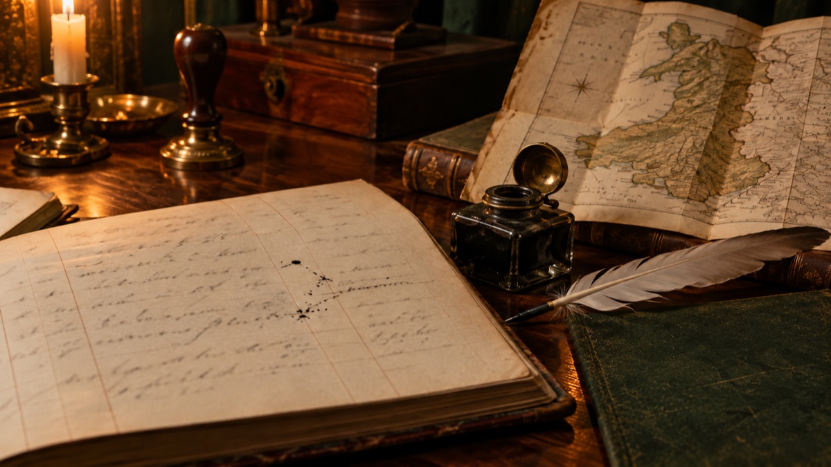 Illustration contemporaine : Registre aux inscriptions indéchiffrables, plume, encrier et carte du pays de Galles.