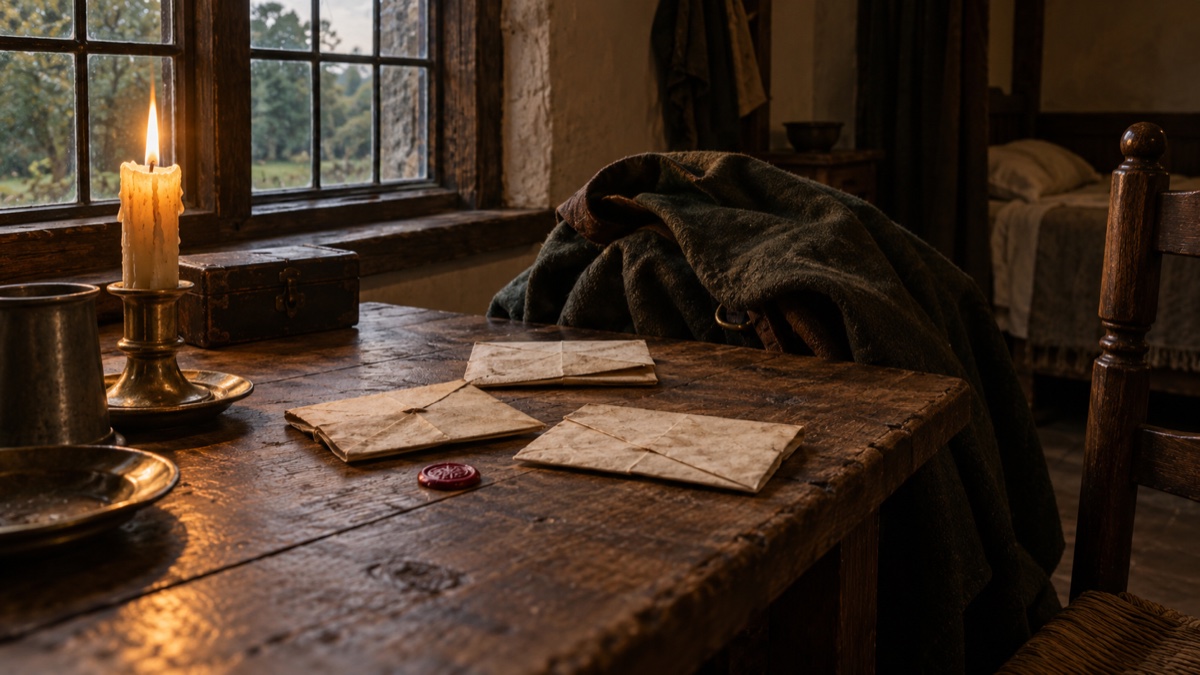 Illustration contemporaine : Trois lettres sans écriture lisible reposent sur une table de bois dans une auberge anglaise du XVIIe siècle.