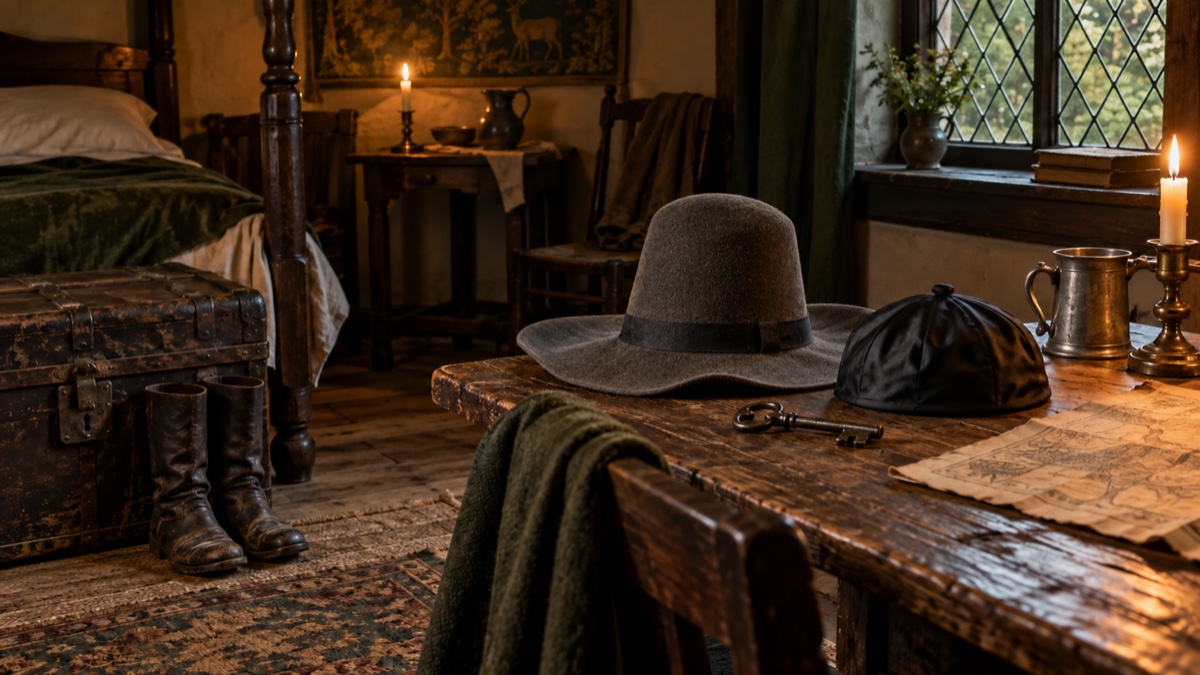 Illustration contemporaine : Chapeau gris et calotte noire auprès d’un coffre dans une chambre d’auberge du XVIIe siècle.