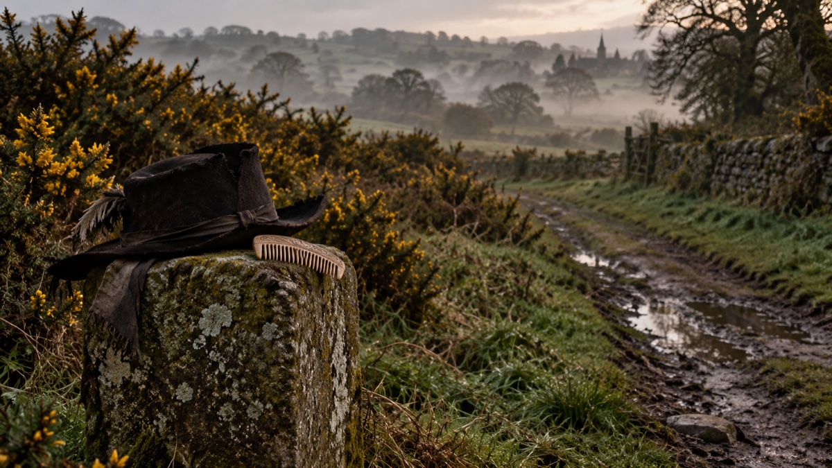 Illustration contemporaine : Chapeau découpé et peigne sur une borne au bord d’un champ d’ajoncs du Gloucestershire.