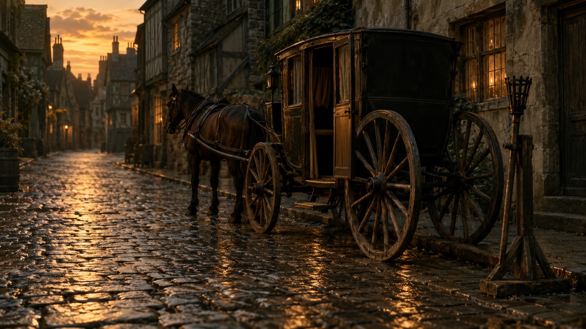 Illustration contemporaine : Voiture vide dans une rue londonienne du XVIIe siècle, flambeau éteint près de la portière.