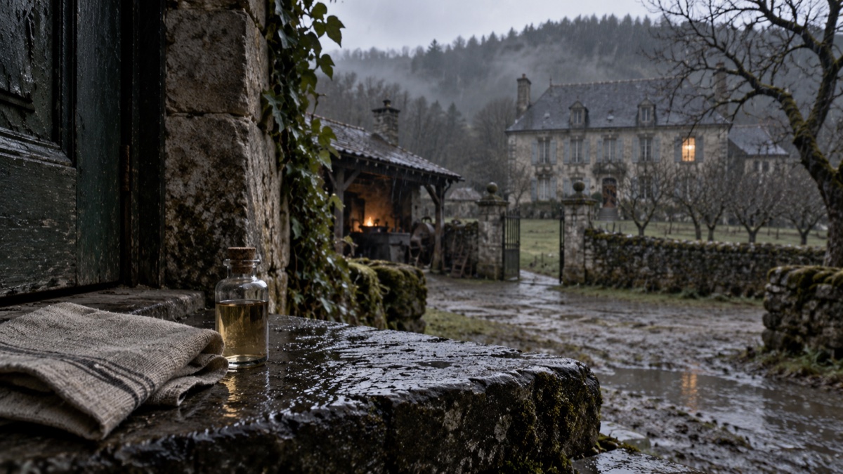 Illustration contemporaine : Une fiole de verre scellée et un linge devant une demeure rurale de Corrèze sous la pluie, évocation de l’affaire Lafarge.