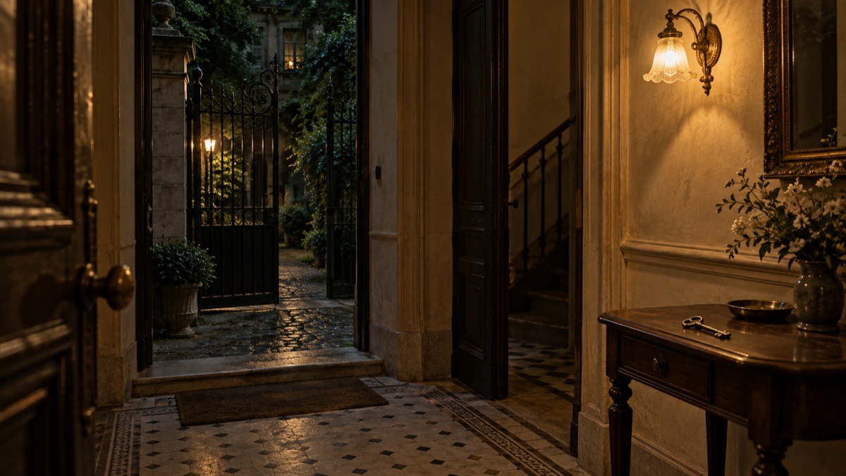 Illustration contemporaine : Une clef posée près d’une porte et d’une grille dans un couloir parisien du début du XXe siècle, sans personne.