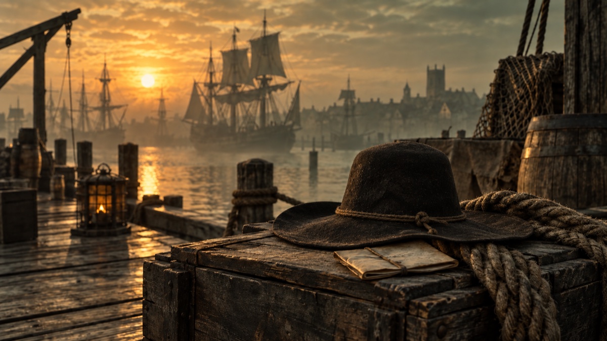 Illustration contemporaine : Chapeau sombre, billet fermé et cordage sur une caisse de quai à Portsmouth au XVIIe siècle.