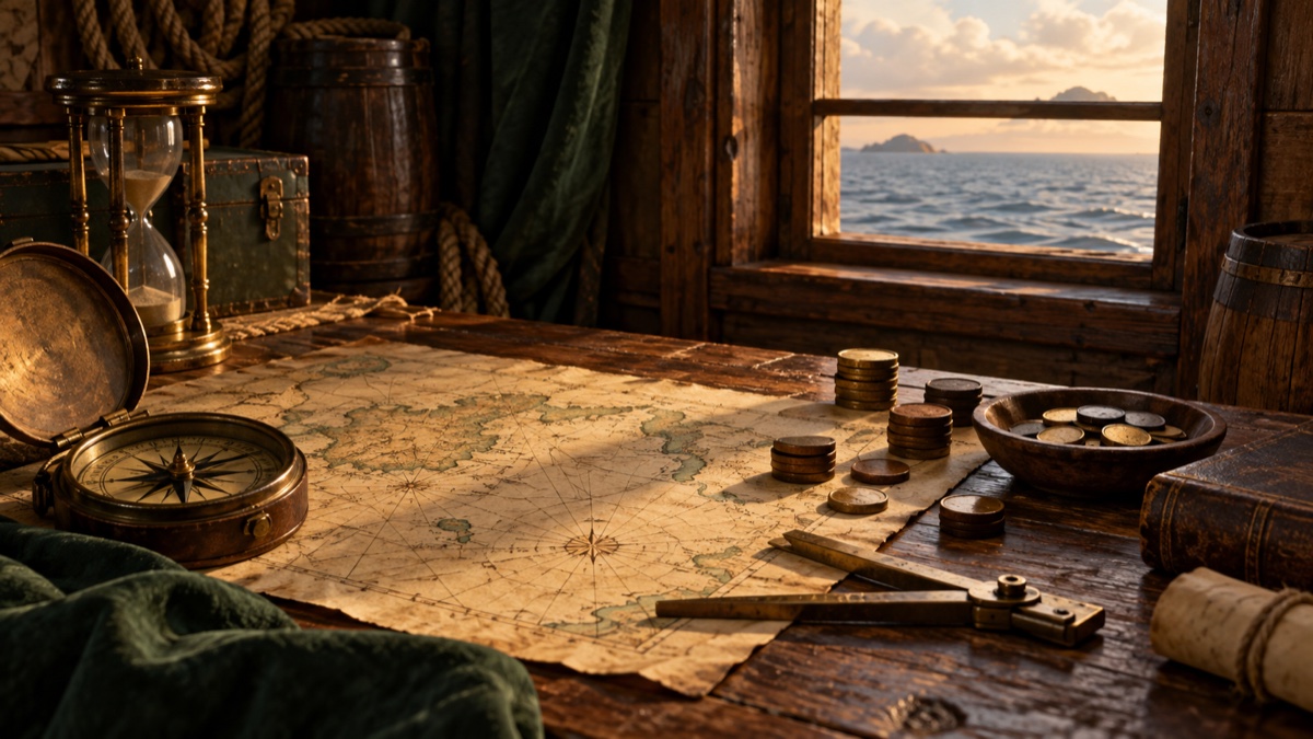 Illustration contemporaine : Carte marine sans texte lisible, compas et jetons de partage sur une table de navire ancien.