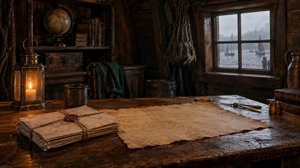 Illustration contemporaine : Paquet ficelé posé sur une table de cabine, près d’une carte marine sans inscriptions.