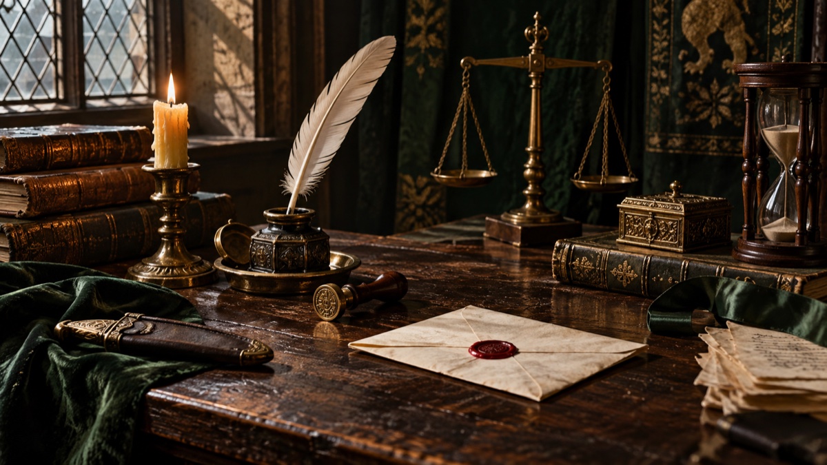 Illustration contemporaine : Plume, lettre scellée et étui fermé sur un bureau anglais de la fin du XVIe siècle.