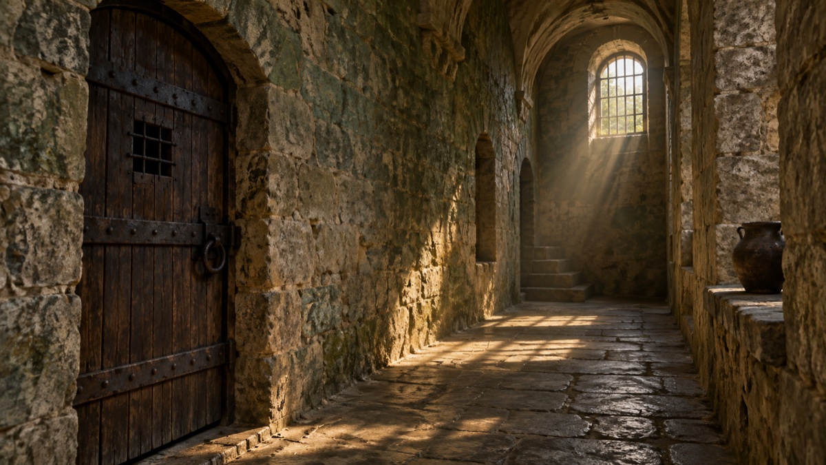 Illustration contemporaine : Couloir vide d’une forteresse russe du début du XVIIIe siècle, éclairé par une fenêtre haute.