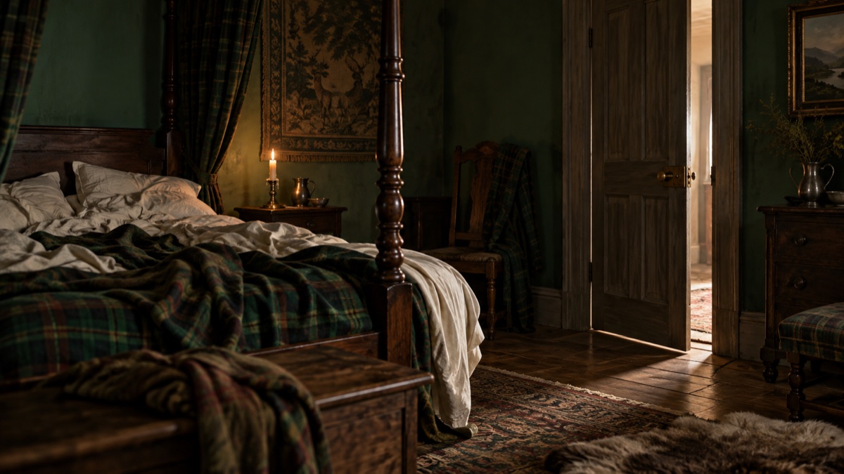 Illustration contemporaine : Chambre vide avec lit défait, porte entrouverte et chandelle presque consumée.
