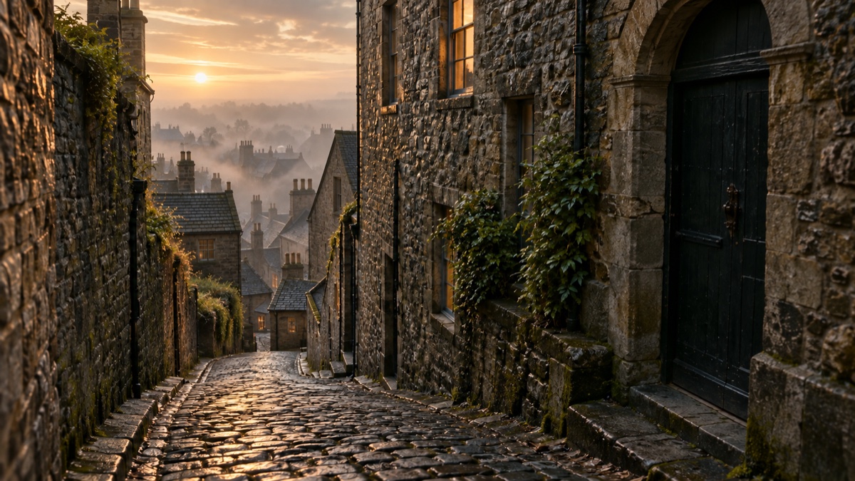 Illustration contemporaine : Ruelle pavée et façades de pierre dans un ancien quartier d’Édimbourg à l’aube.