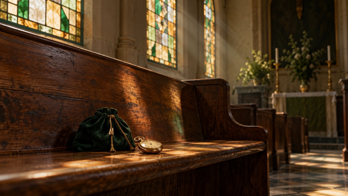 Illustration contemporaine : Bourse de tissu fermé et montre de poche sur un banc de chapelle vide.
