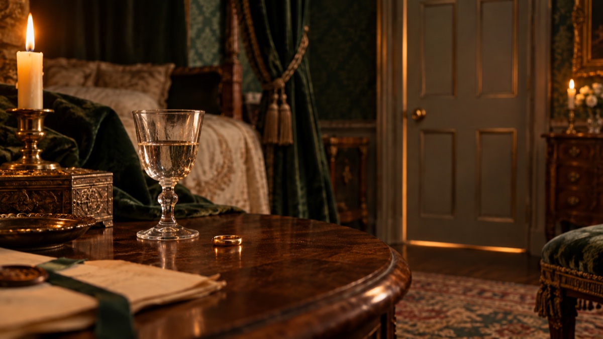Illustration contemporaine : Anneau d’or près d’un verre et d’une porte fermée dans une chambre londonienne du début du XVIIIe siècle.