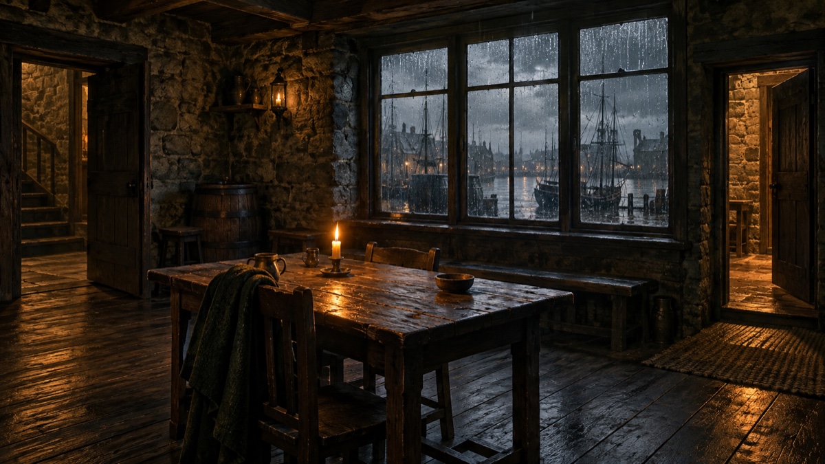 Illustration contemporaine : Salle vide d’une auberge de Leith sous la pluie, éclairée par une chandelle, sans personne.