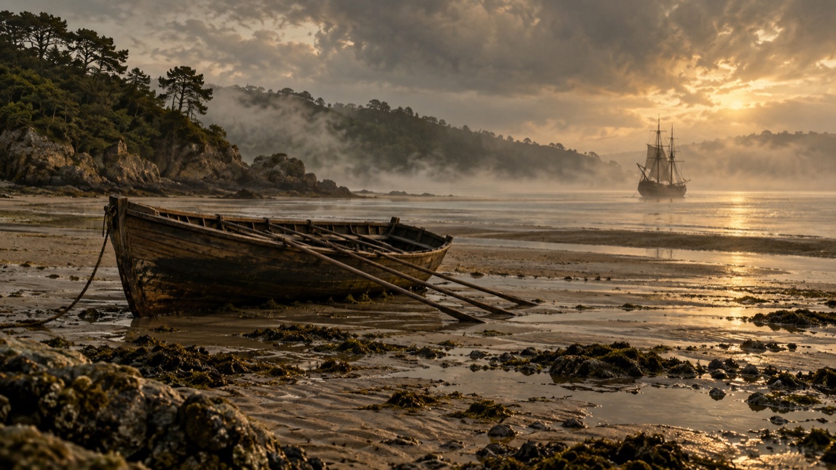 Illustration contemporaine : Barge à rames échouée sur un banc de sable dans l’estuaire brumeux du Nore.