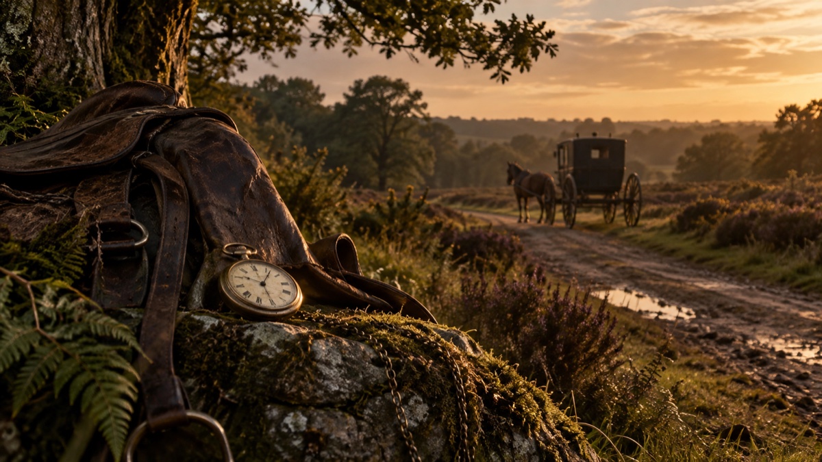 Illustration contemporaine : Montre de poche près d’une selle au bord d’un chemin, avec une voiture attelée à l’arrière-plan; évocation du vol rapporté à Hounslow Heath.