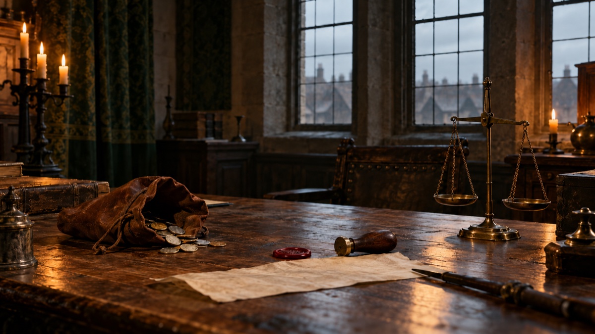 Illustration contemporaine : Une bourse et un sceau reposent sur une table vide dans une chancellerie du XVIIe siècle.