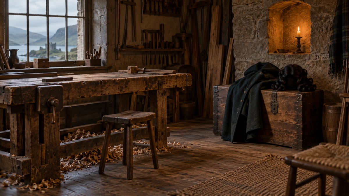 Illustration contemporaine : Manteau sombre et perruque noire dans un atelier de menuisier écossais vide.