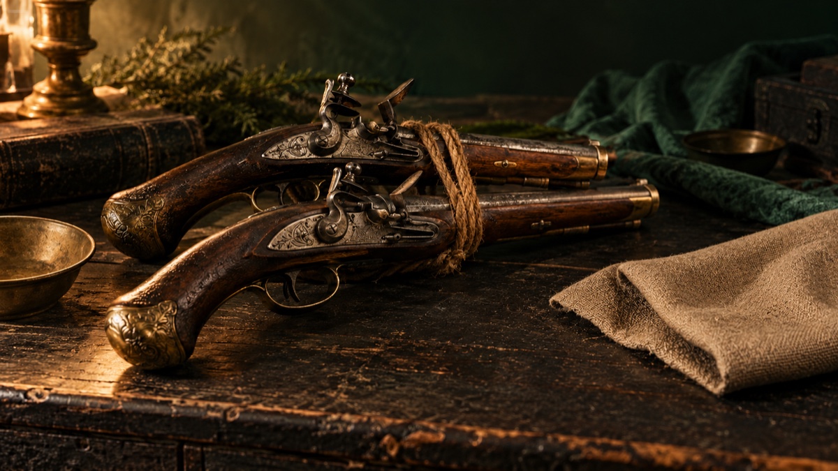 Illustration contemporaine : Deux pistolets à silex liés par une corde et un morceau de tissu aux bords effilochés sur une table sombre.