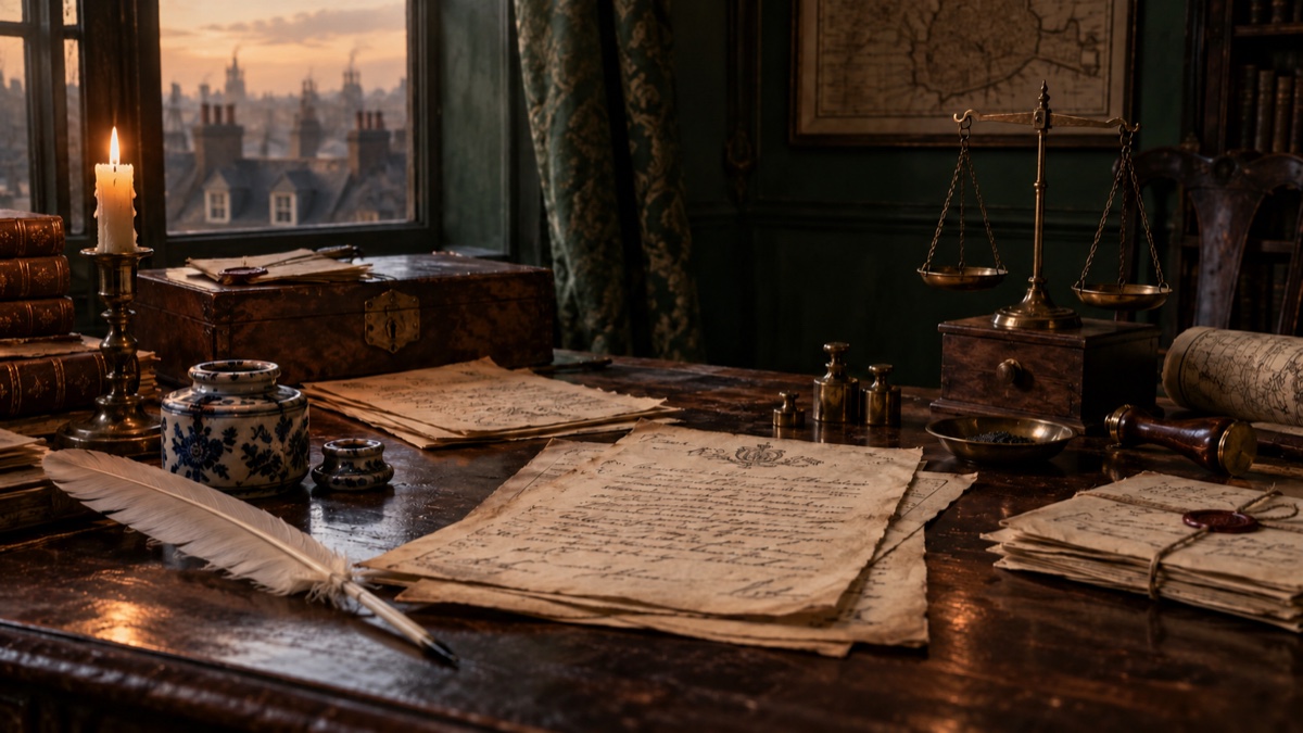 Illustration contemporaine : Un bureau londonien du début du XVIIIe siècle avec plume d’oie, encrier, billets illisibles et petite balance de cuivre, sans personnage.