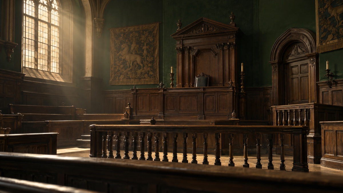 Illustration contemporaine : La barre et le banc de la cour du King’s Bench dans une salle d’audience vide du XVIIe siècle.