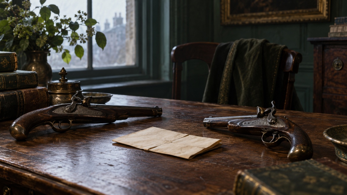Illustration contemporaine : Lettre pliée et deux petits pistolets à silex séparés sur une table éclairée par l’aube.