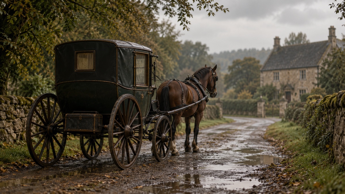 Illustration contemporaine : Un landau du milieu du XVIIIe siècle arrêté sur une route anglaise, avec une demeure de campagne au loin; aucun conducteur ni personnage visible.