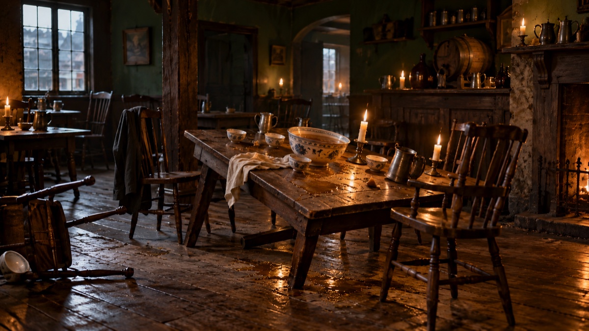 Illustration contemporaine : Une salle de taverne évoquant Londres au début du XVIIIe siècle, avec une chaise renversée, du liquide répandu et des chandelles allumées; aucun client ni aucune arme visible.