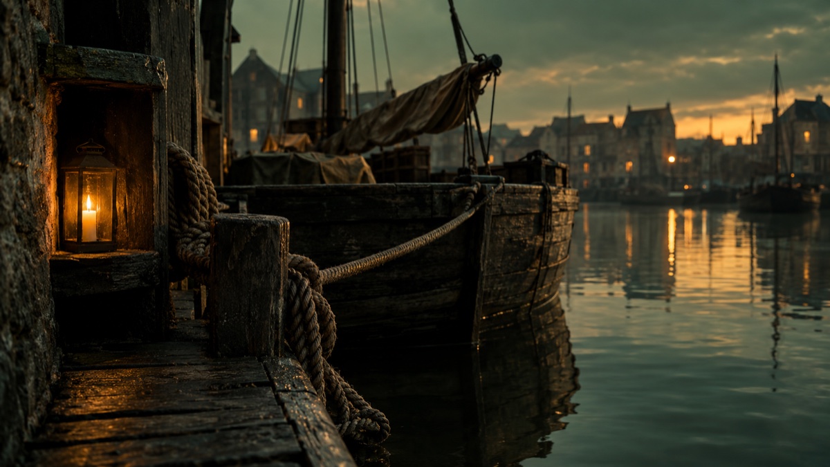 Illustration contemporaine : Barge de bois amarrée près d’un quai de Bristol, avec un cordage et une lumière à chandelle.