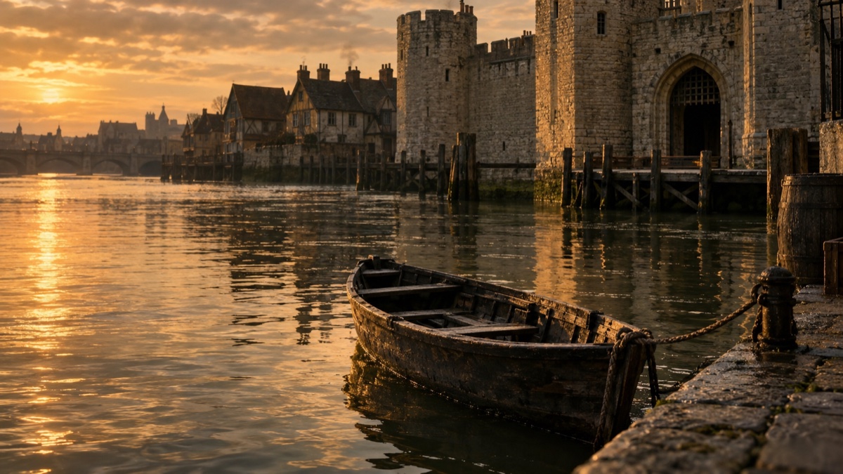 Illustration contemporaine : Une barque de bois près d’une porte fortifiée évoquant Londres à l’époque Tudor.