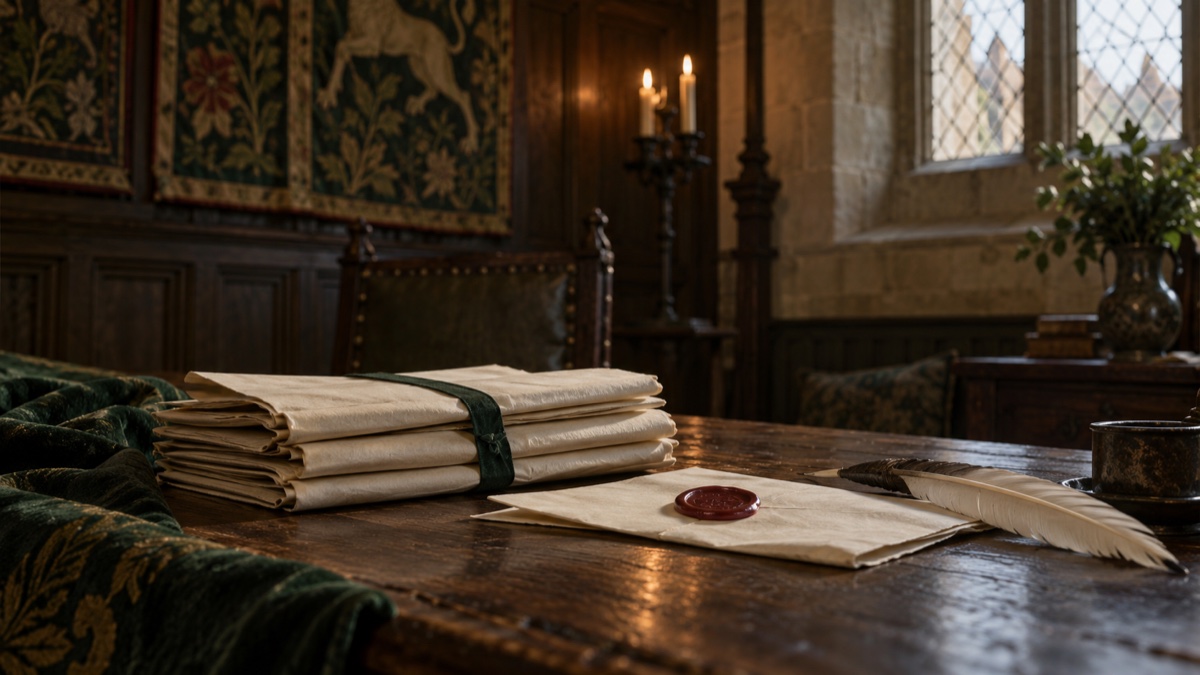 Illustration contemporaine : Feuilles pliées, sceau de cire sans emblème et plume sur une table de chêne Tudor.