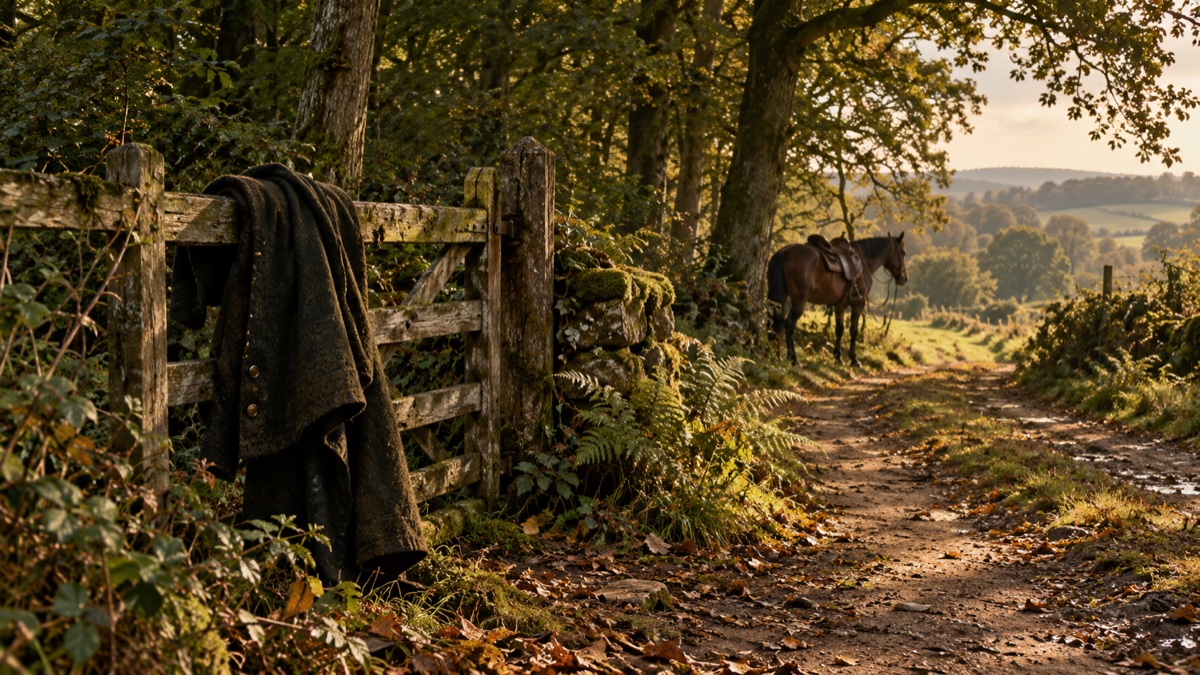 Illustration contemporaine : Un manteau et un cheval sellé au bord d’un chemin : évocation des routes parcourues par Henry Cook.