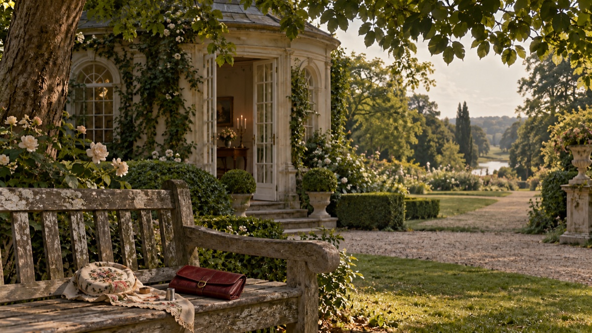 Illustration contemporaine : Un ouvrage de couture et un portefeuille rouge sur un banc : évocation des témoignages dans l’affaire Gibbs.