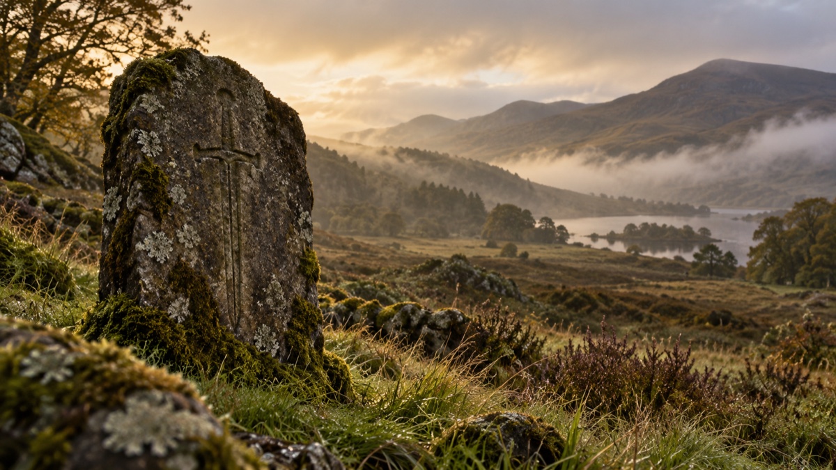 Illustration contemporaine : Une pierre portant une épée gravée, dans un paysage des Highlands : évocation de la mémoire de Rob Roy.