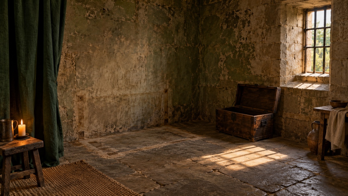 Illustration contemporaine : Une chambre de prison privée de son lit : évocation de la saisie des biens d’Elizabeth Berkley.