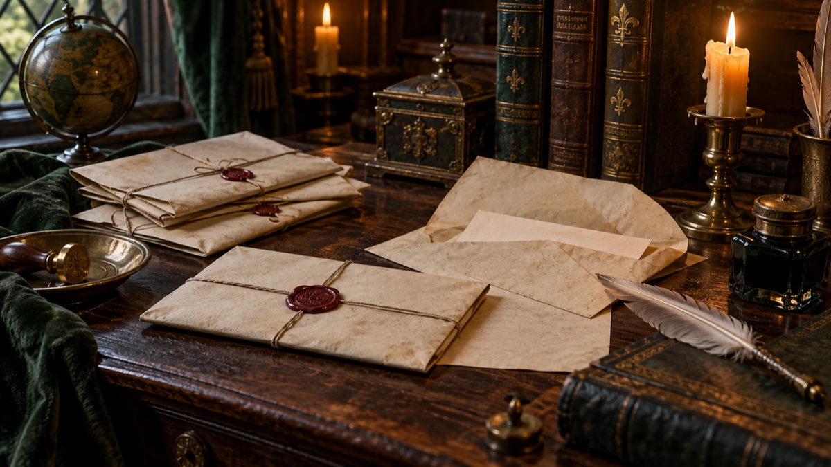Illustration contemporaine : Plis cachetés et plume sur un bureau : évocation des lettres clandestines de William Gregg.