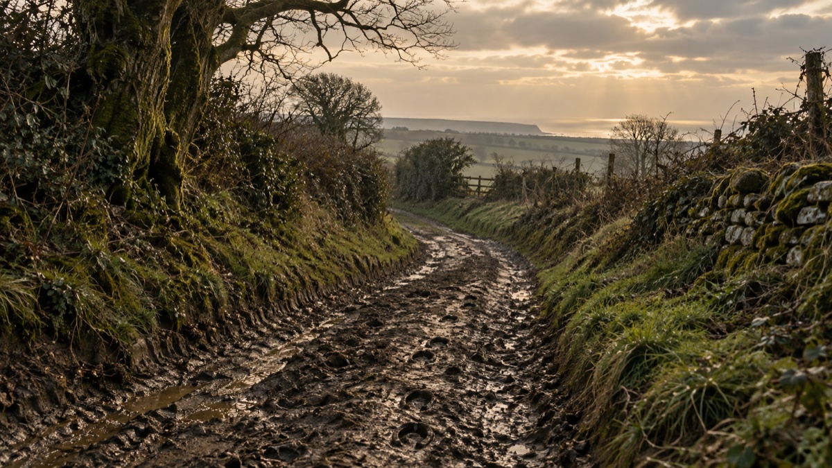 Illustration contemporaine : Chemin creux et boueux dans les Downs du Sussex, traces de sabots sous une lumière d’hiver.