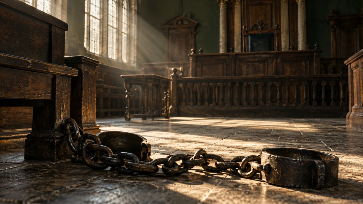 Illustration contemporaine : Chaînes de fer posées près d’un banc vide dans une salle de justice ancienne générique.
