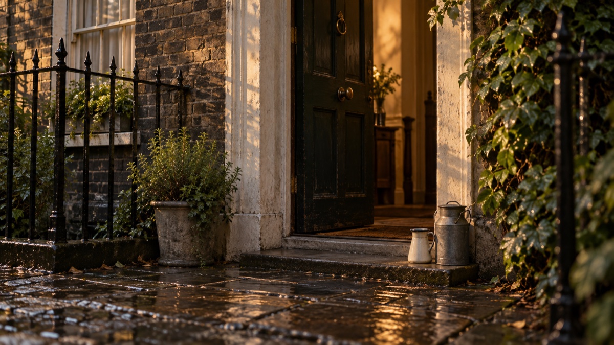 Illustration contemporaine : Porte d’une maison londonienne du début du XIXe siècle avec un pot au lait posé sur le seuil.