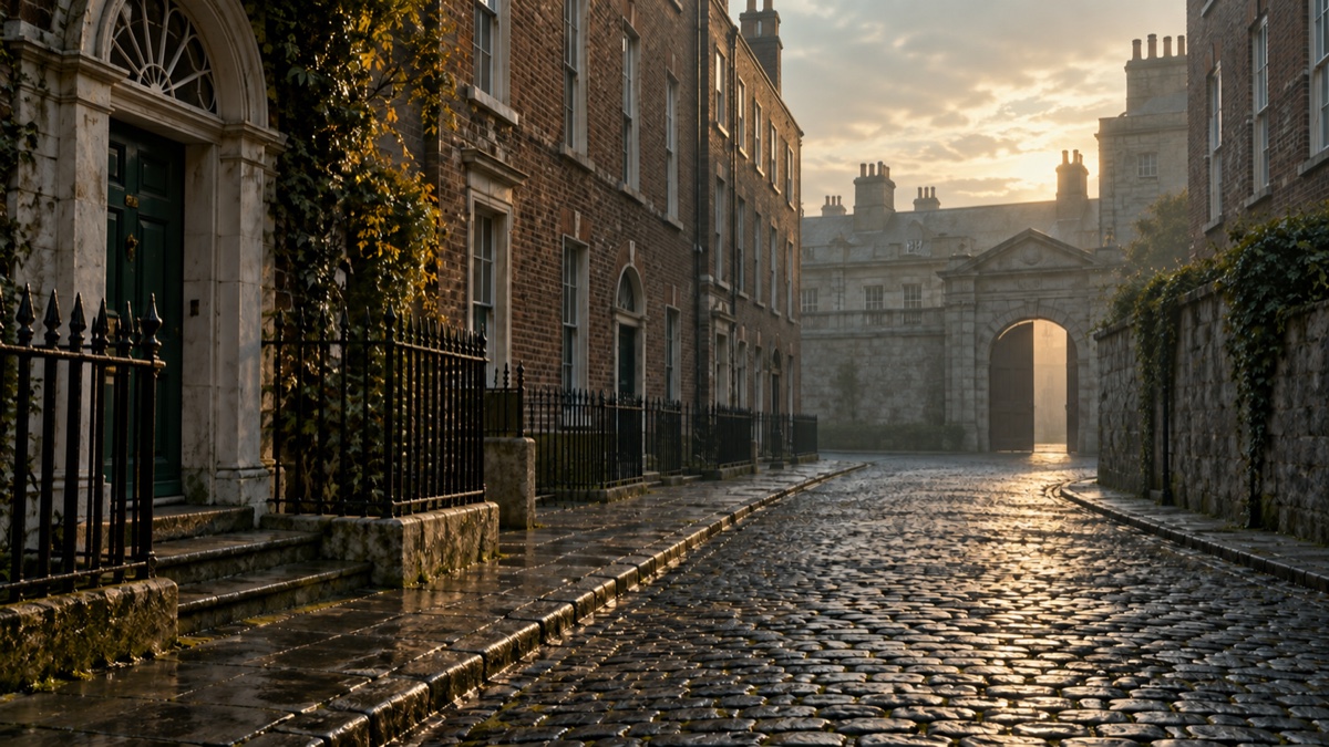 Illustration contemporaine : Rue pavée et façades géorgiennes de Dublin à l’aube, sans foule.