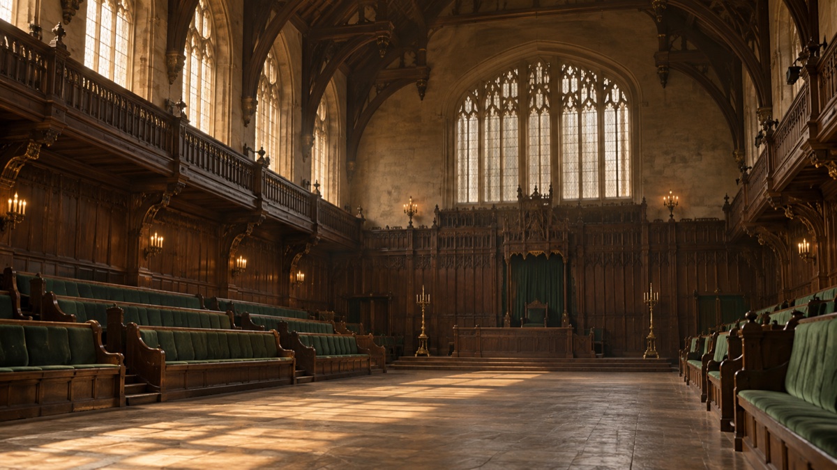 Illustration contemporaine : Une salle d’audience historique vide, éclairée d’une lumière ambrée, évoque le procès de Westminster sans montrer de personnes.