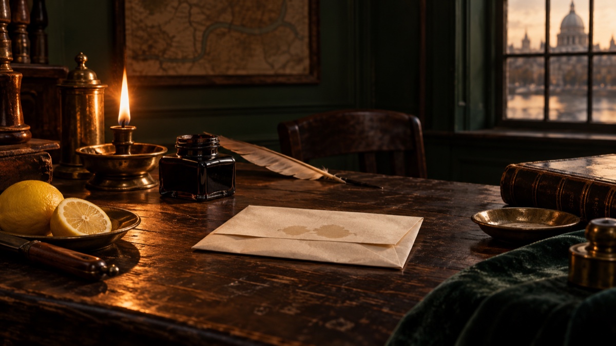 Illustration contemporaine : Lettre pliée près d’une flamme et d’un citron sur une table sombre, évoquant le procédé d’encre invisible attribué à l’affaire Hensey.