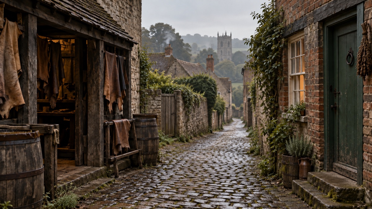 Illustration contemporaine : Un passage pavé et une porte d’atelier dans une petite ville anglaise au petit matin.