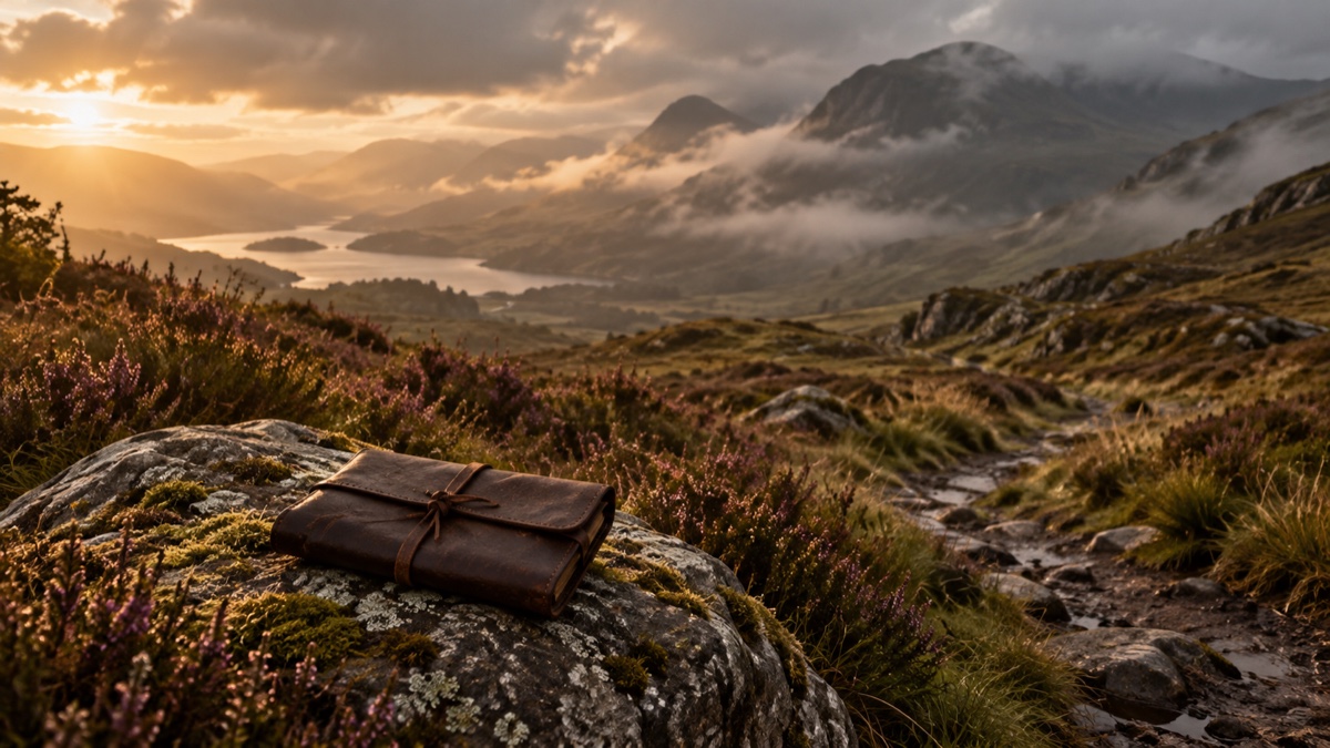 Illustration contemporaine : Chemin de bruyère dans les Highlands avec un étui de documents fermé posé sur une pierre.