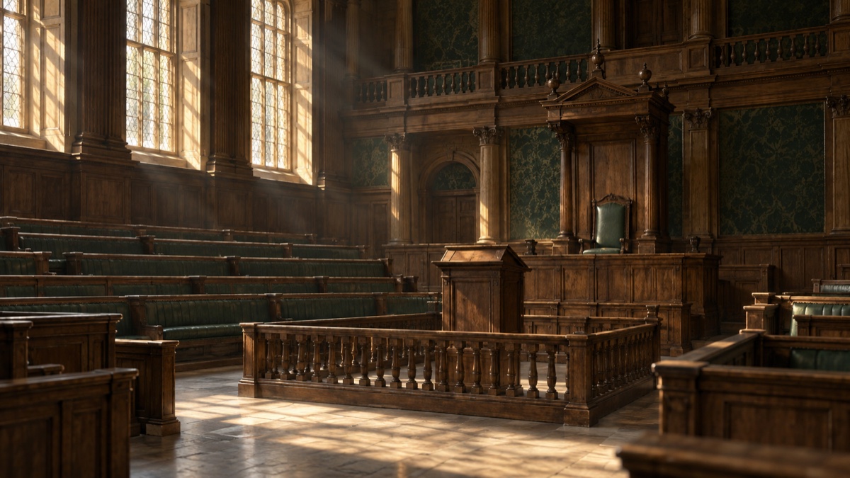 Illustration contemporaine : Salle parlementaire ancienne évoquée par des bancs vides et une barre de bois, sans inscription.