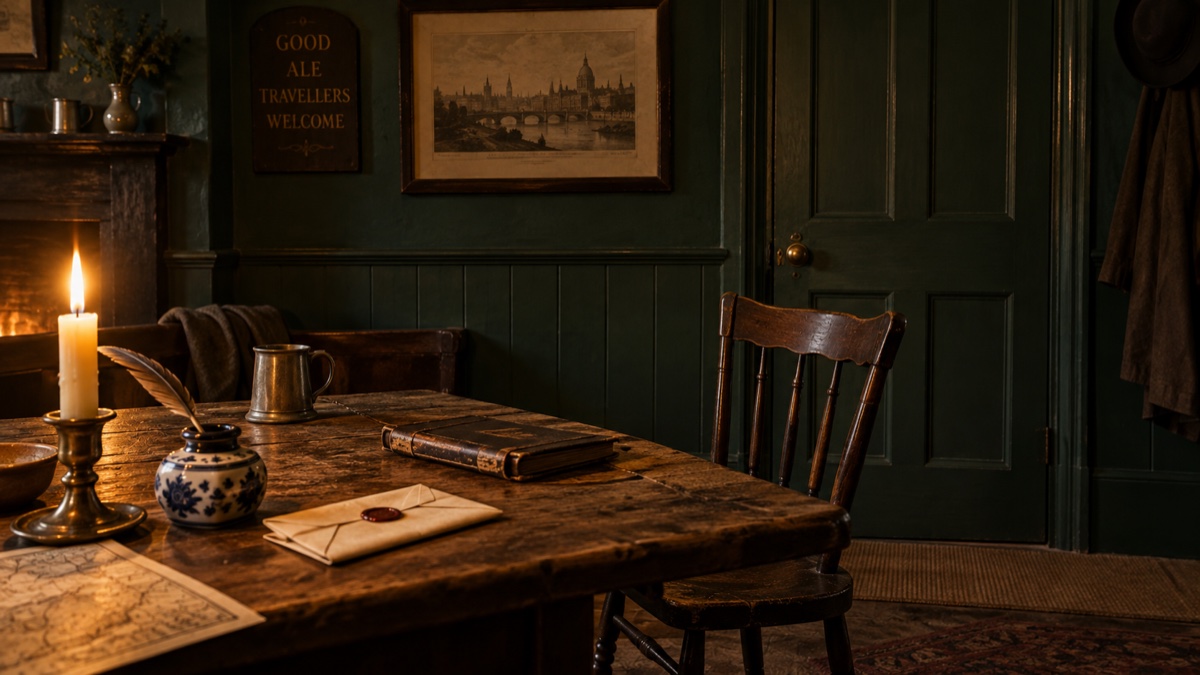 Illustration contemporaine : Lettre pliée et registre de voyageurs dans une auberge londonienne du début du XIXe siècle.