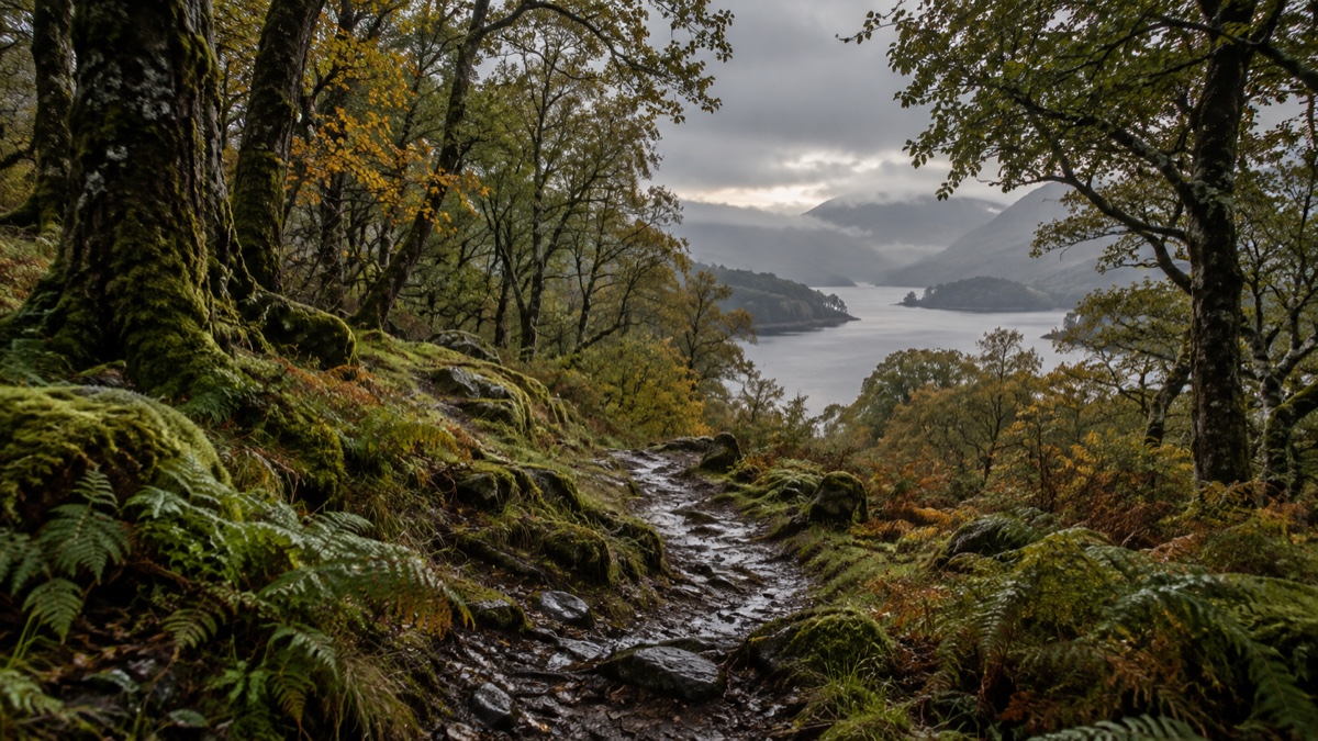 Illustration contemporaine : Chemin forestier humide des Highlands s’ouvrant sur un loch lointain, sans personnage ni objet moderne.