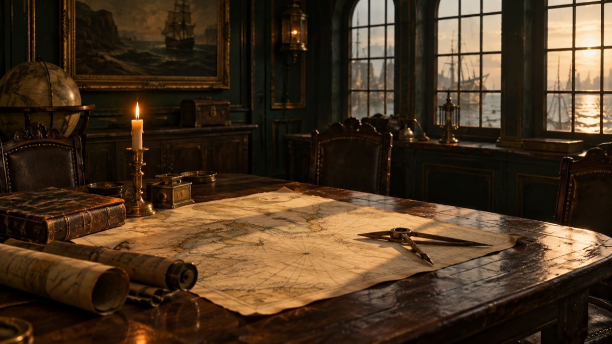 Illustration contemporaine : Table de délibération navale vide avec carte maritime non lisible et chandelle, XVIIIe siècle.